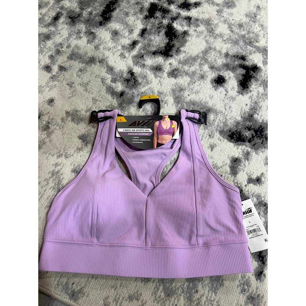 Avia Womens‎ V-Neck Rib Sports Bra Purple Medium Support Racerback New Large